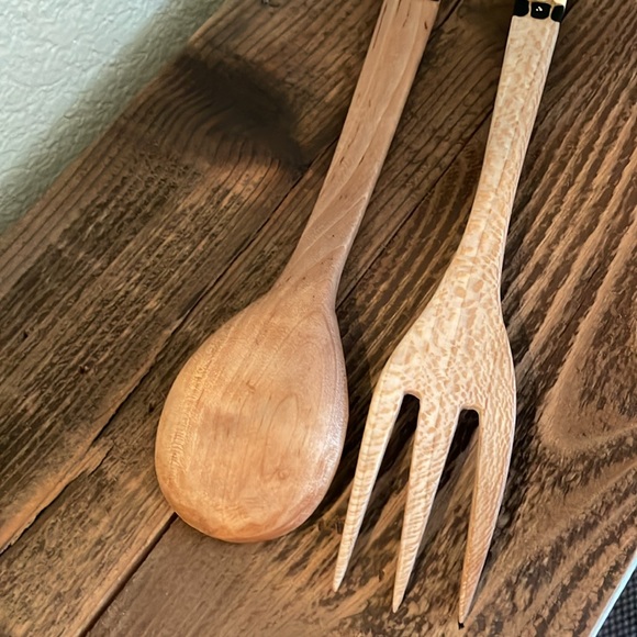 Artisan-made in Portugal Wooden Serving Spoon and Fork, hand-painted, ~14” - Picture 6 of 9